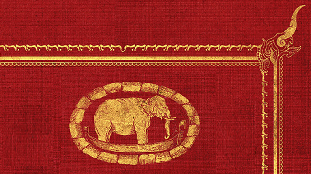 A Thai elephant in a gondola, surrounded by the corbelling of a patera—decorative elements from the book's cover art by Samuel Humphreys.